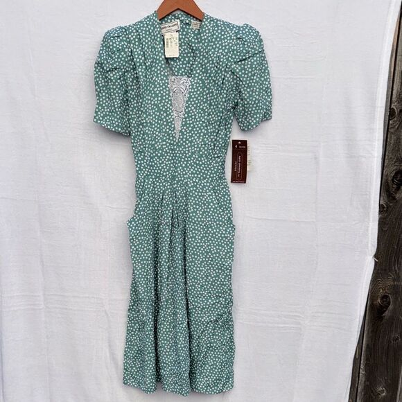 Vintage 80s Karin Stevens Dress Womens 4P Petite Puff Sleeve Cottagecore Pastel - Picture 1 of 15